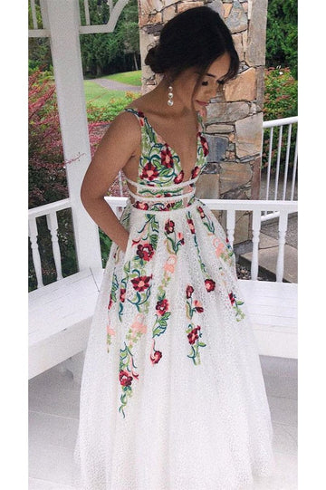 Charming V Neck Floral Embroidery Long Lace Prom Dress with Pocket HZ1023